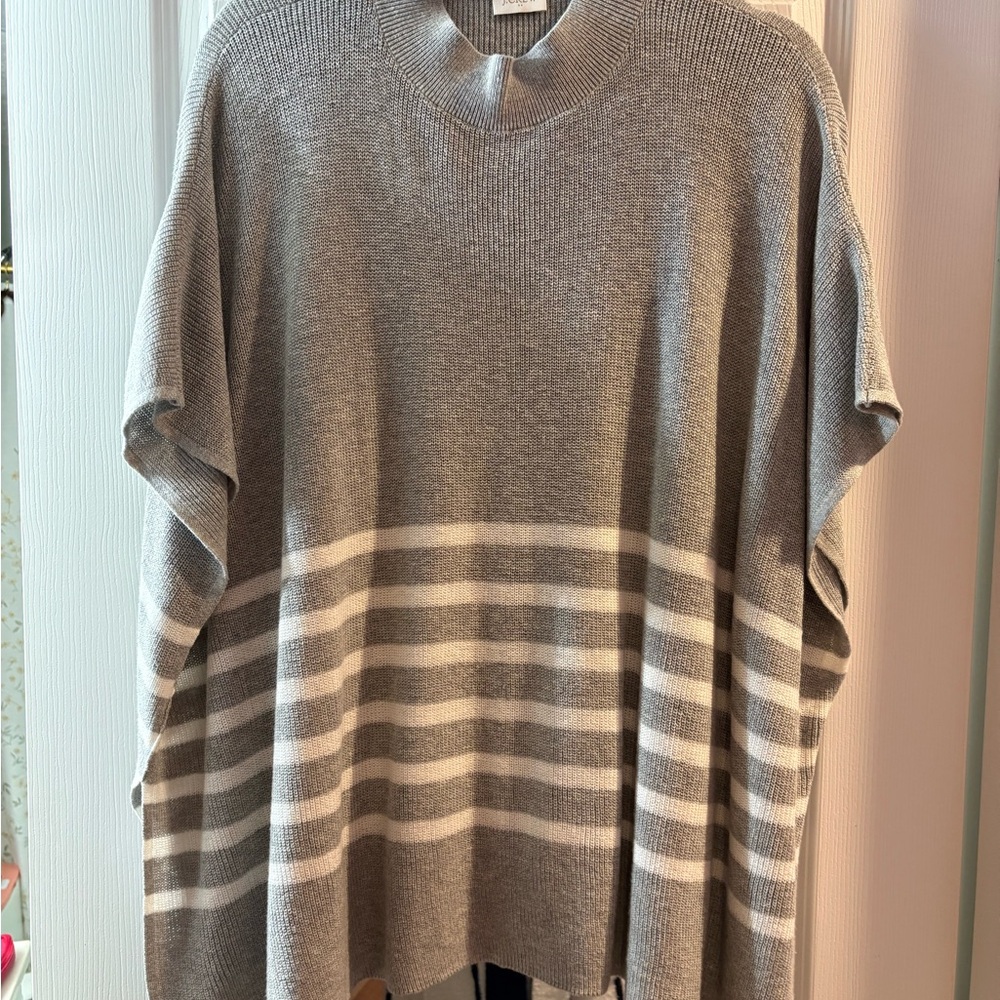 J. Crew Gray and White Striped Poncho Sweater